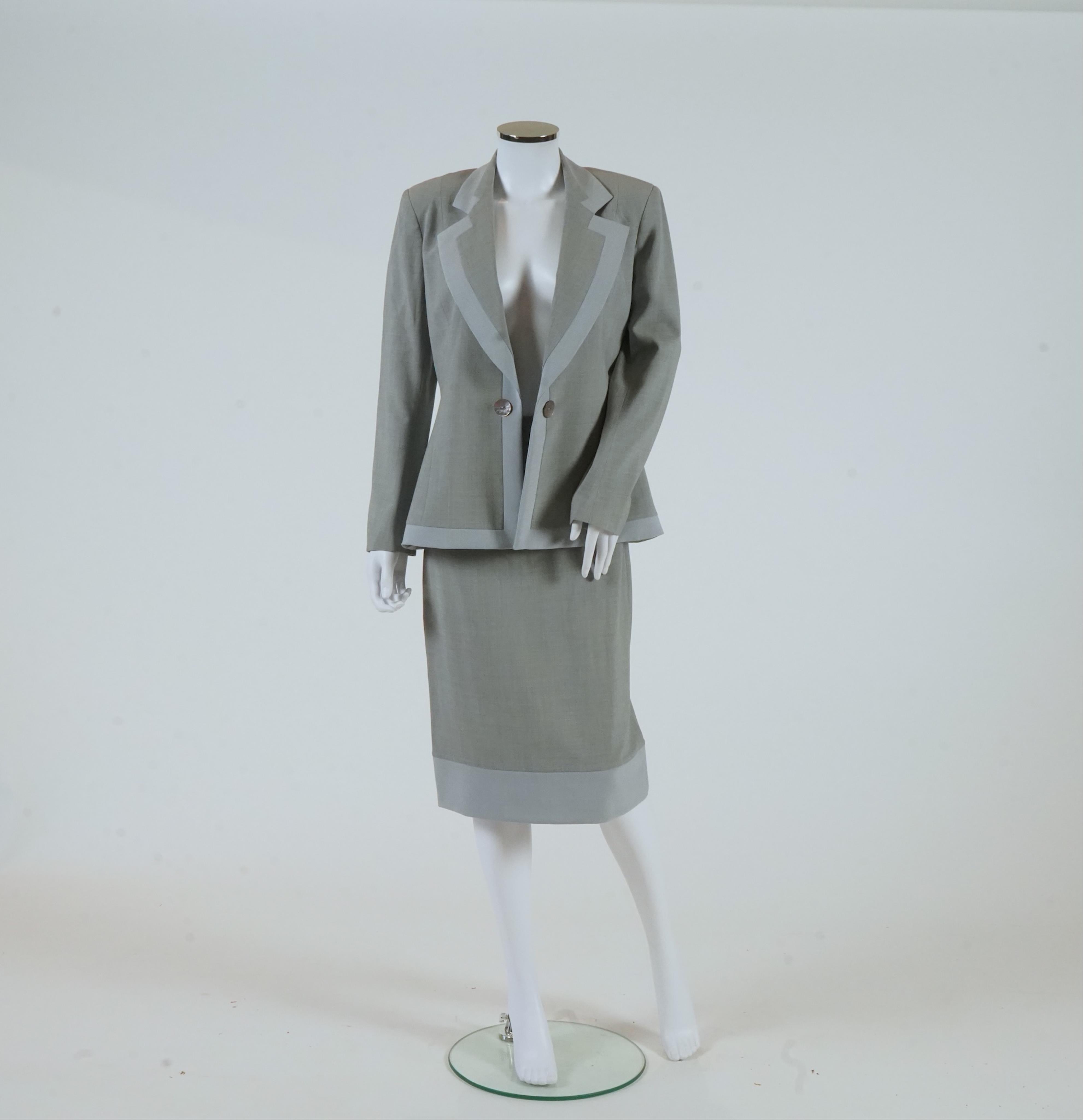 A Lea Rome grey skirt suit and a pale pink skirt